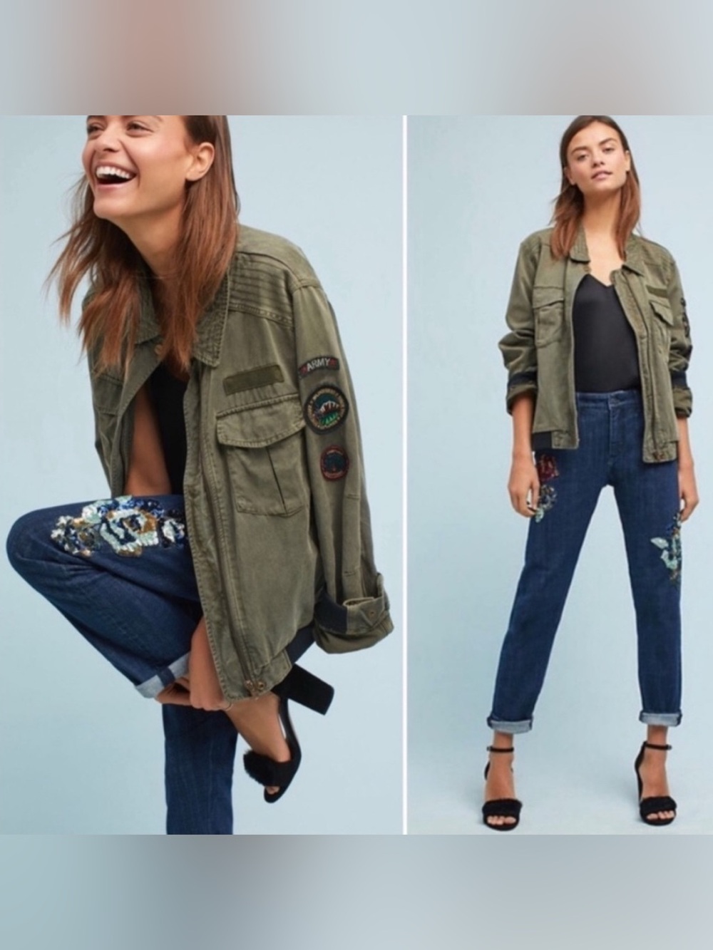 EUC - Pilcro and the Letterpress Blue Boyfriend Jeans with Floral Embroidery